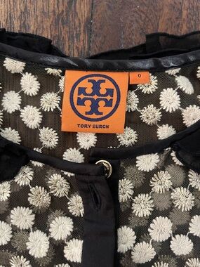 Tory Burch Black Mesh Top with Cream Floral Embroidery